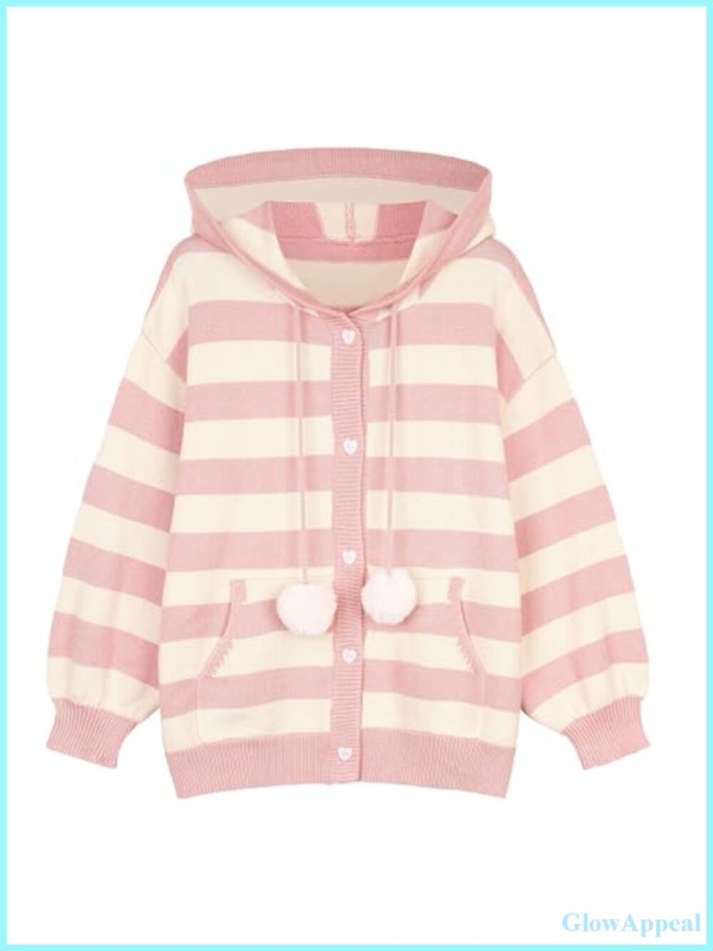 Kawaii Striped Hooded Cardigan with Removable Pom Poms, Puff Sleeve